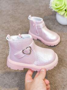 1 Pair Girls' Heart Buckle Boots, New Spring/Autumn Fashion Buckle Princess Boots, Korean Style Versatile Fashion Ankle Boots - Pink - View 8