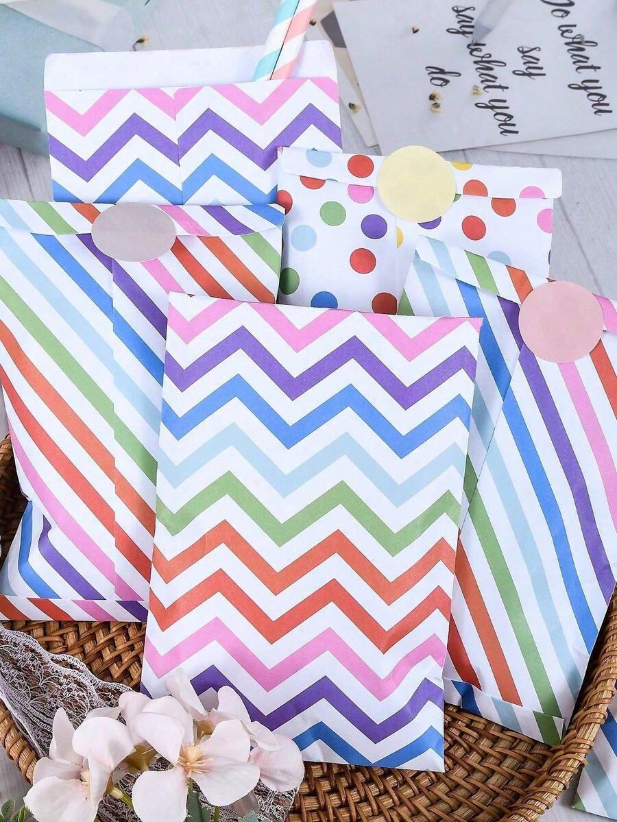 24/48 pièces Sacs cadeaux de fête en papier à pois et rayures, sacs de bonbons et de collations de couleurs mélangées, convient pour baby shower, anniversaire, fournitures de fête de mariage - Multicolore - Voir 1