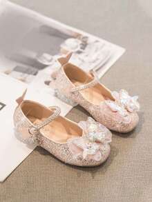 1 Pair Little Girls Pink Mary Jane Princess Shoes, Glitter Rhinestone Butterfly Decor Low Heel Ankle Strap Kids Pumps For Wedding Party Birthday - Pink - View 7