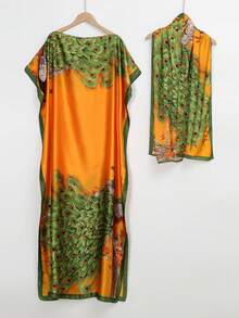 1pc Women's Faux Silk Printed Long Robe Poncho With Small Scarf Set, Outerwear Decoration For Beach, Sun Protection, Windproof, Daily Wear - Multicolor - View 2