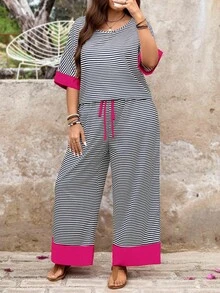 LUNE Conjunto de 2 piezas de camisa y pantalones a rayas náuticas, talla grande - Rosa Fucsia - Ver 1