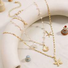 1pc Bohemian Starfish Shell Pearl Multi-Layer Necklace, Daily Beach Vacation Accessory - Multicolor - View 2