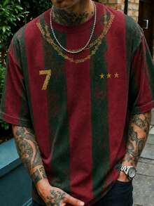 Fractyr 男士復古葡萄牙 No.7 三星垂直條紋 T-shirt，酒紅與綠色拼接做舊圓領足球短袖上衣 - 酒紅色 - 查看 2