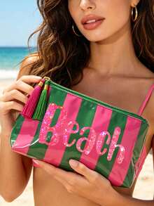 Striped Beach Makeup Bag With Tassel Zipper, "BEACH" Sequin Print, Waterproof PVC Toiletry Bag, Portable Travel Cosmetic Organizer, Multi-Functional Toiletry Bag, Vacation Makeup Storage Bag, Perfect For Beach, Pool, Cruise And Holiday Essentials, Unique Birthday Gift, Holiday Gift, Party Gift, Vacation Gift, Back To School Gift, Teacher Gift - Multicolor - View 2