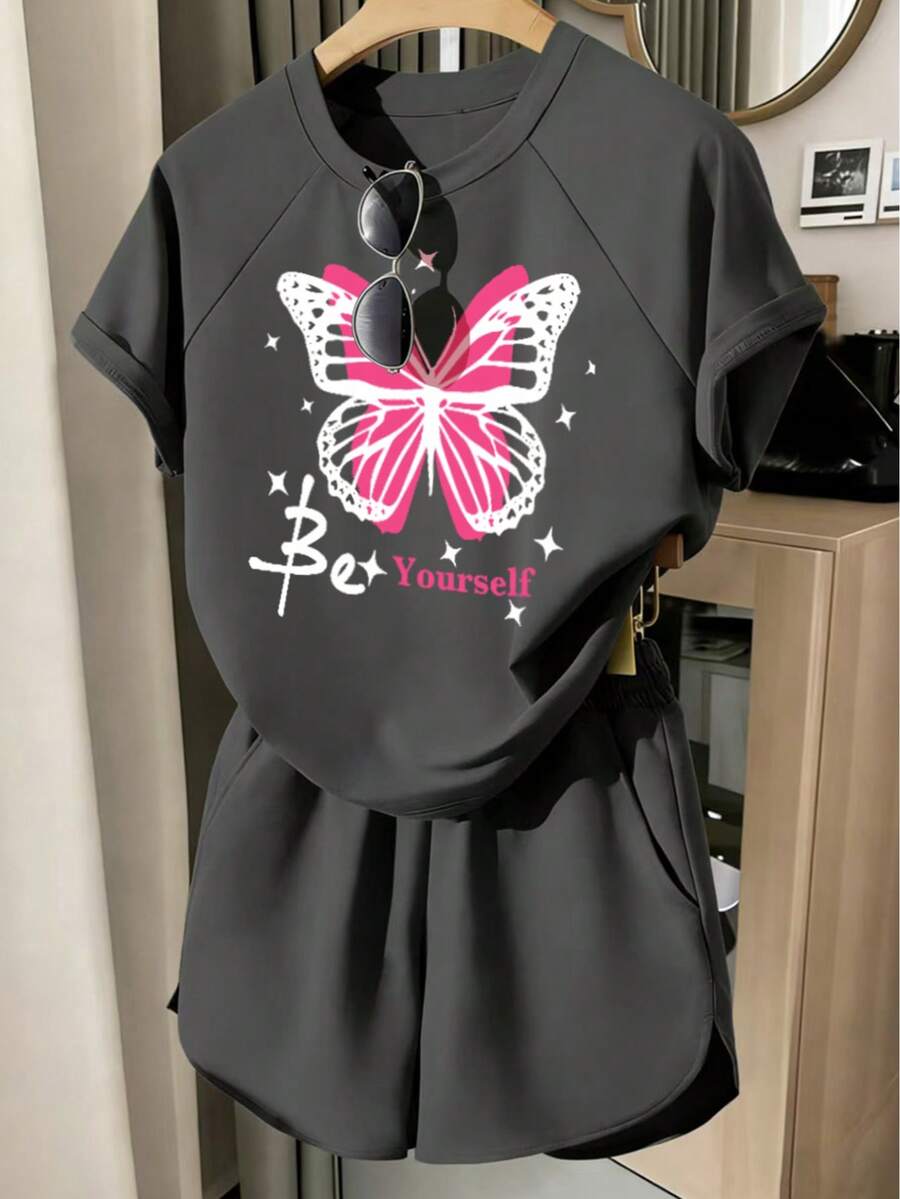 Tween Girl Butterfly Print Short Sleeve T-Shirt And Pocket Shorts Set - Dark Grey - View 1