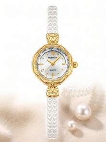 1 pièce Bracelet montre vintage or et perles pour femmes, convient pour un port quotidien - Doré - Voir 5