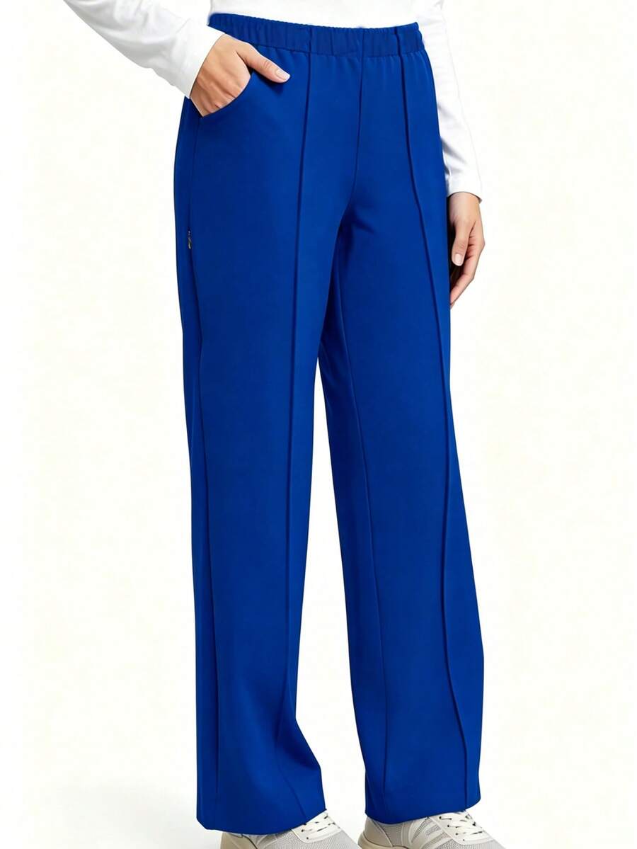 Spring/Summer Solid Color Multi-Pocket Pants, Fashionable Relaxed Fit Wide Leg Straight Trousers, Suitable For Beauty Salon, Commuting, Work Fall - Blue - View 1