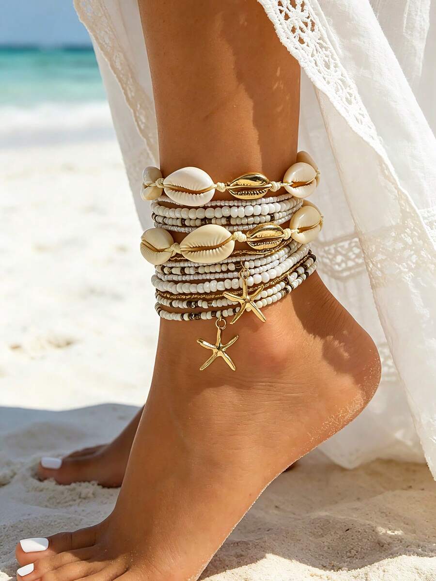 14PCS Bohemian Style Shell & Starfish Multi-Layer Anklet Set, Vacation Style Seed Bead Stacked Elastic Ankle Bracelets, Versatile Beach Foot Jewelry For Women - Gold - View 1