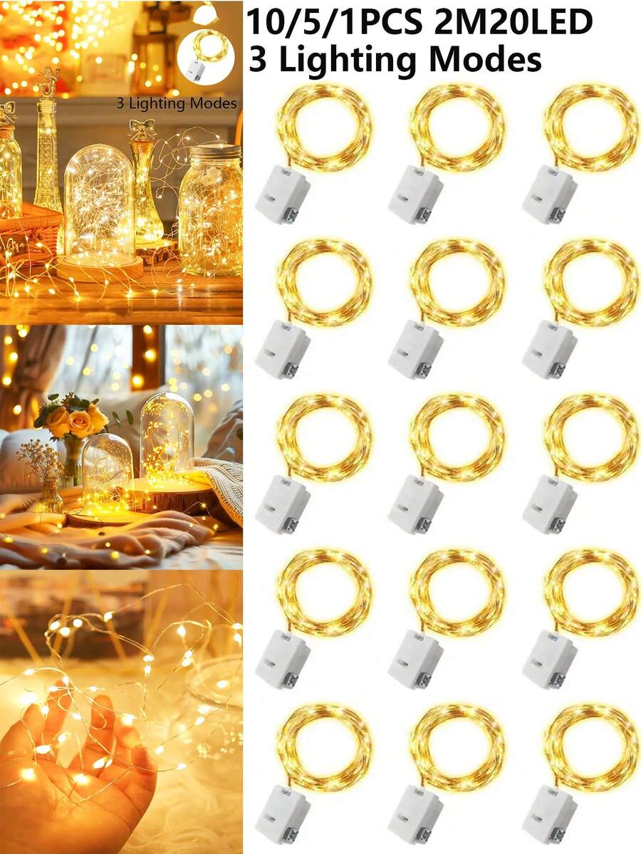 10/5/1Pack 2M20LED 3-Lighting Modes Home Decor Copper Wire String Light,Including Batteries,Lights For Flower Bouquet Decor,Indoor Bedroom Decor LED Fairy String Light,Wedding Birthday Party Decor String Light,Outdoor Garden Yard Decor Lights