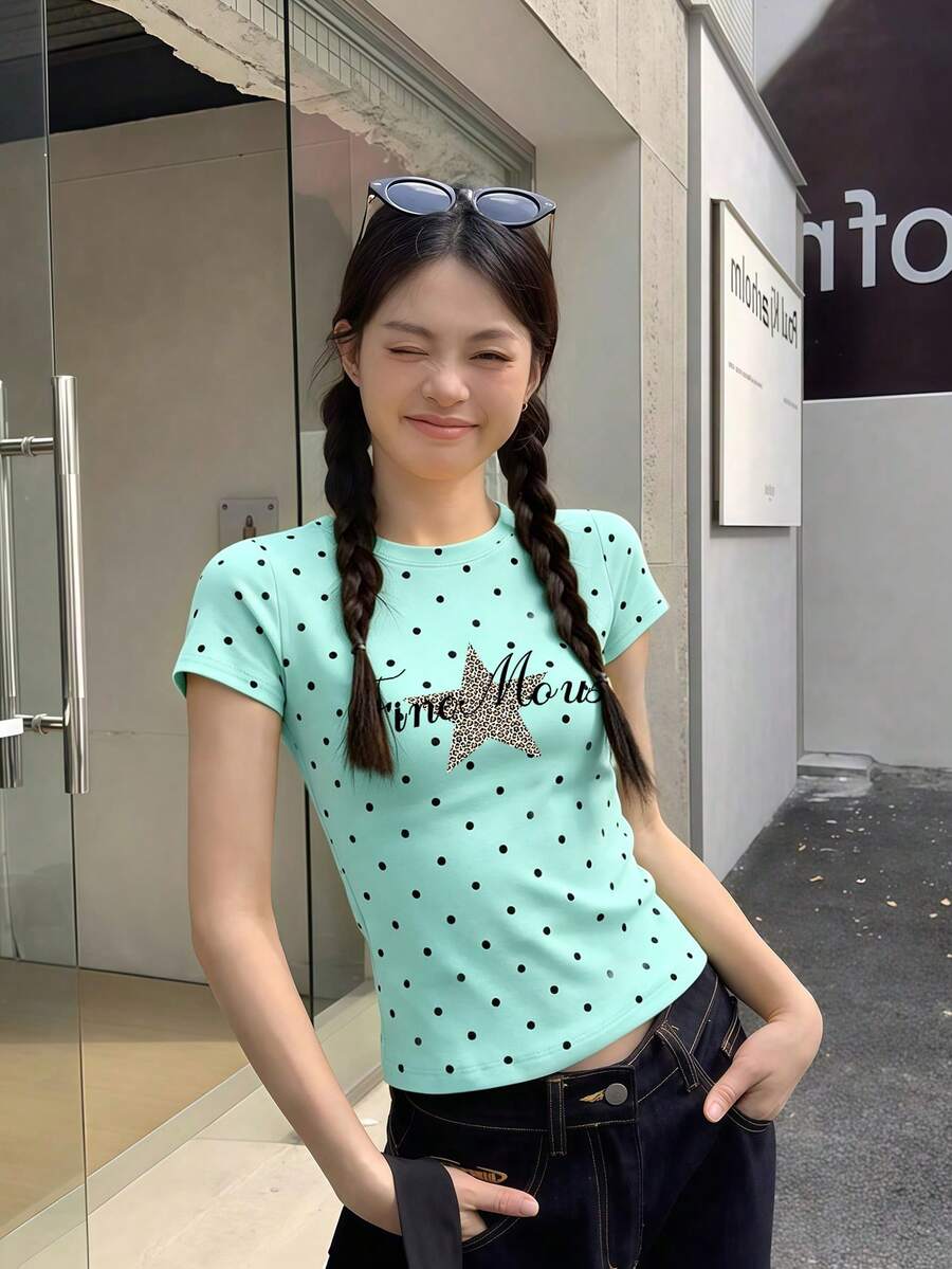 星星字母印花波點 Y2K 女款夏季修身顯身材圓領短袖上衣休閒款 - 薄荷綠 - 查看 1