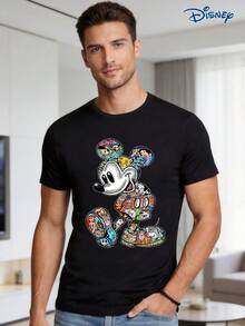 Disney 1件男士短袖T恤，米老鼠卡通圖案印花，圓領，微彈性 - 黑色 - 查看 3