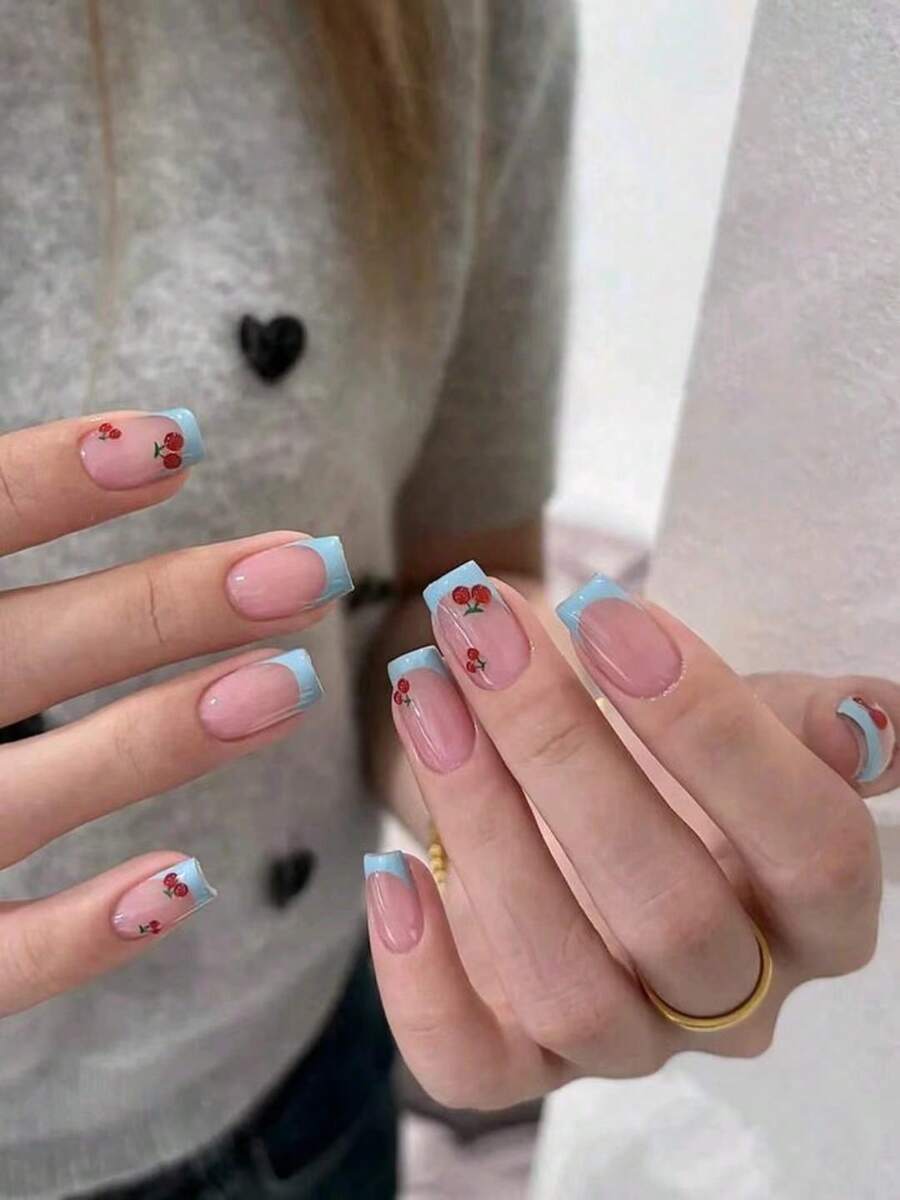 10 Pcs Press-On Nails, Milky Blue French 3D Cherry Design Manicure, American Retro Sweetheart Cherry Nails, Premium Simple Cute Handmade Full Cover French Square Medium Length, Glossy Blue French Gel Press-On Nails, Sweet Cool Hot Girl - Multicolor - View 1