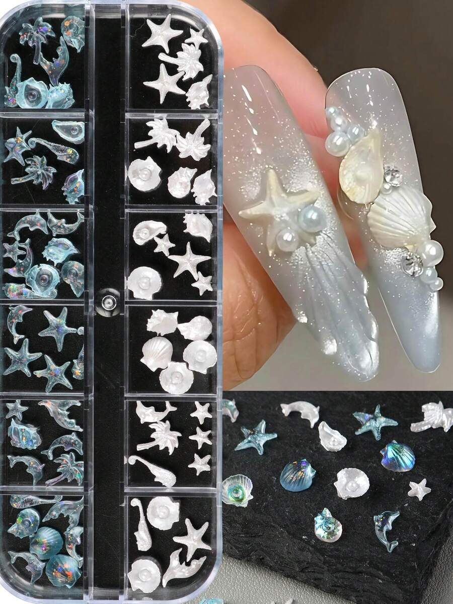 12格極光珍珠光澤海洋主題美甲飾品 樹脂海星、海螺、海豚、貝殼、美人魚尾、椰子樹、海馬 夏日藍色海洋美甲鑽飾 Y2K 日系美甲用品 - 彩色 - 查看 1