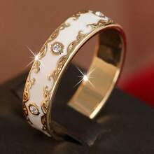 Vintage Elegant White Enamel Scroll Carved Ring Band, Inlaid With Sparkling Synthetic Zirconia, Exquisite Women's Jewelry, Suitable For Daily Wear, Perfect Gift For Birthday And Holiday - Gold - View 4