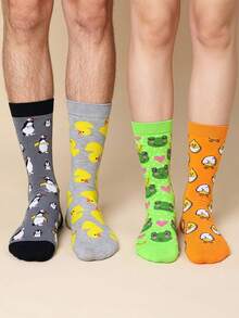 1/4 Pairs Unisex Fashionable Cute Animal Series Mid-Calf Socks With Frog, Duck, Penguin, Chicken Pattern Designs, Soft And Comfortable, Great Gift Choice, Couple Socks - Multicolor - View 3