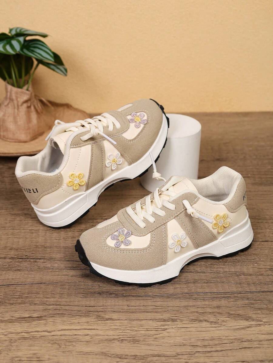 1 Paar neue Kinder-Sportschuhe für Herbst/Winter, leichte lässige Retro-Patchwork-Laufschuhe für Mädchen, bunte Blumenverzierung, dicke Sohle, rutschfest, leichte Schüler-Sportschuhe - Beige - Übersicht 1