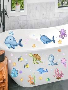 1/4/2 Sets PVC Bathtub Stickers, Cartoon Marine Creature Pattern Bathtub Decals, Suitable For Bathroom, Stickers, Wall Decor, Home Decor Vinyl Stickers, Spring/Summer Decoration To Add Freshness To Home, Decorative Sticker Gifts, Back To School Season - Multiple Styles - View 1