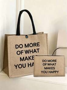 大容量亞麻托特包，飾有「DO MORE OF WHAT MAKES YOU HAPPY」字母圖案，便攜大容量購物袋，亞麻手柄手提包，多功能收納袋，個性化禮品袋，適用於旅行、購物、度假、返校、派對等場合，教師節、生日、返校季、週年紀念、節日禮物、派對活動禮物的最佳伴侶選擇 - 彩色 - 查看 1