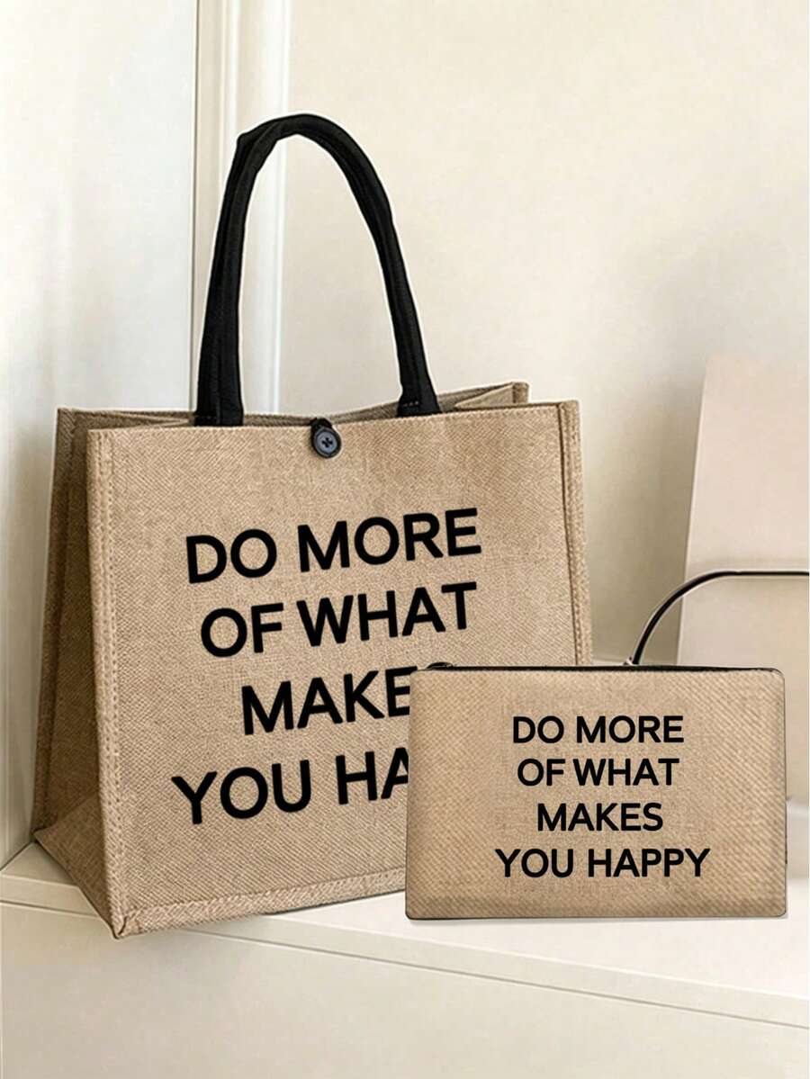 大容量亞麻托特包，飾有「DO MORE OF WHAT MAKES YOU HAPPY」字母圖案，便攜大容量購物袋，亞麻手柄手提包，多功能收納袋，個性化禮品袋，適用於旅行、購物、度假、返校、派對等場合，教師節、生日、返校季、週年紀念、節日禮物、派對活動禮物的最佳伴侶選擇 - 彩色 - 查看 1