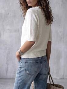 Women's Solid Color Round Neck Summer Soft Comfortable Minimalist Casual Fashion Versatile Knit Short Sleeve Top, Urban Style Daily Wear - White - View 3
