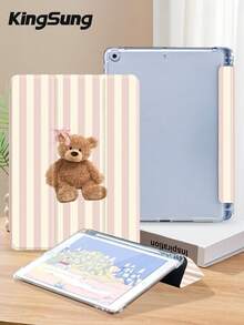 Kingsung 小熊與條紋圖案平板保護殼，相容 iPad 9.7/10.2/10.5/10.9/12.9/Pro 11、第 10 代，相容 Galaxy Tab S6 Lite 10.4 吋，相容 Kindle Paperwhite 第 12 代 2024、Kindle 第 11 代 2022、Clara Colour，柔軟防摔保護，智慧支架/自動喚醒/睡眠 - 彩色 - 查看 4