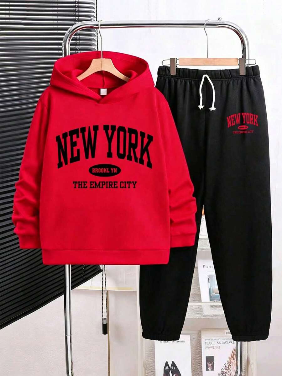Hoodie dan Celana Olahraga Hangat dengan Motif Huruf untuk Anak Laki-Laki Remaja - Merah - View 1