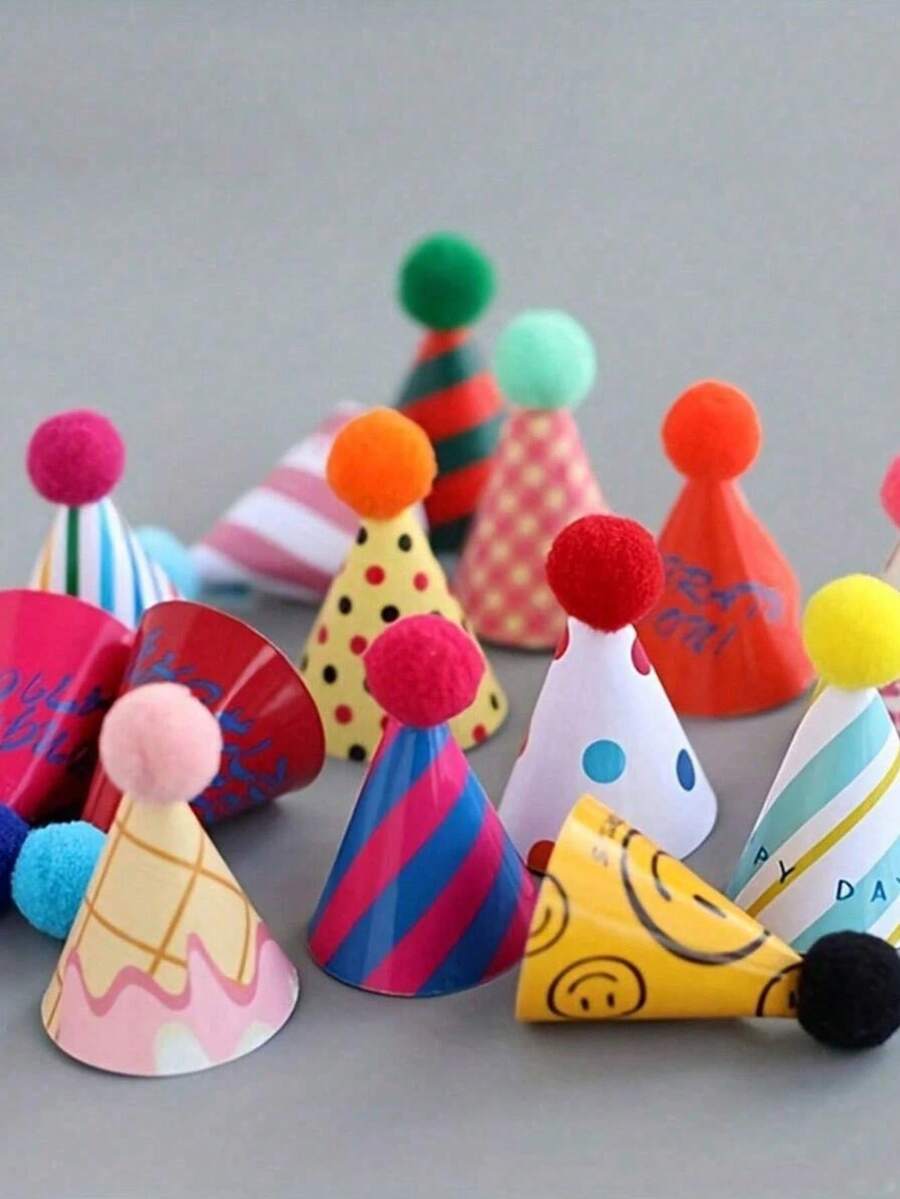 15pcs Random Color Mini Pointed Hats, Plush Ball Party Hats, Cute Pet Costume Accessories, Suitable For Dog Cat Birthday Dress Up, Rabbit Hamster Pet Accessories, Plush Doll Decoration, Pet Photography Props - Multiple Styles - View 1