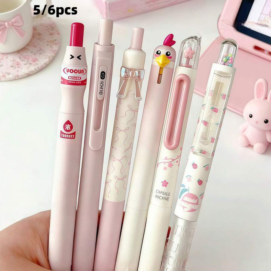 5/6pcs Luxury Count Pastel Gel Ink Pens Set,Cute Note Taking 0.5mm Fine Point Retractable 6 Black Ink Pens With For Writing, Journaling, School,Office School Supplies Kawaii Pens For Women Men.Back To School.Senior Year