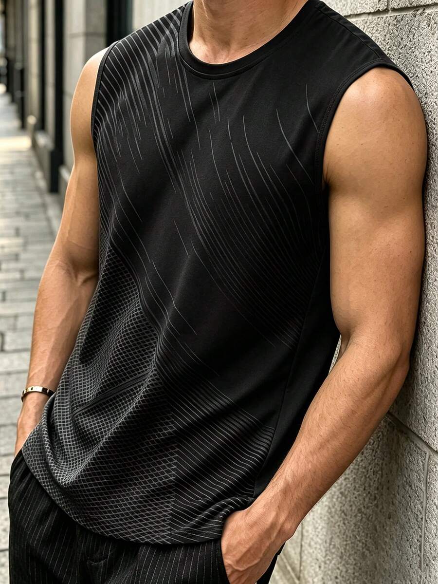 男士運動背心 夏季圓領無袖健身跑步上衣 - 黑色 - 查看 1