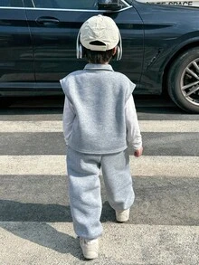 Young Boy Knight Pattern Vest And Long Pants Casual Daily Outfit - Grey - View 2