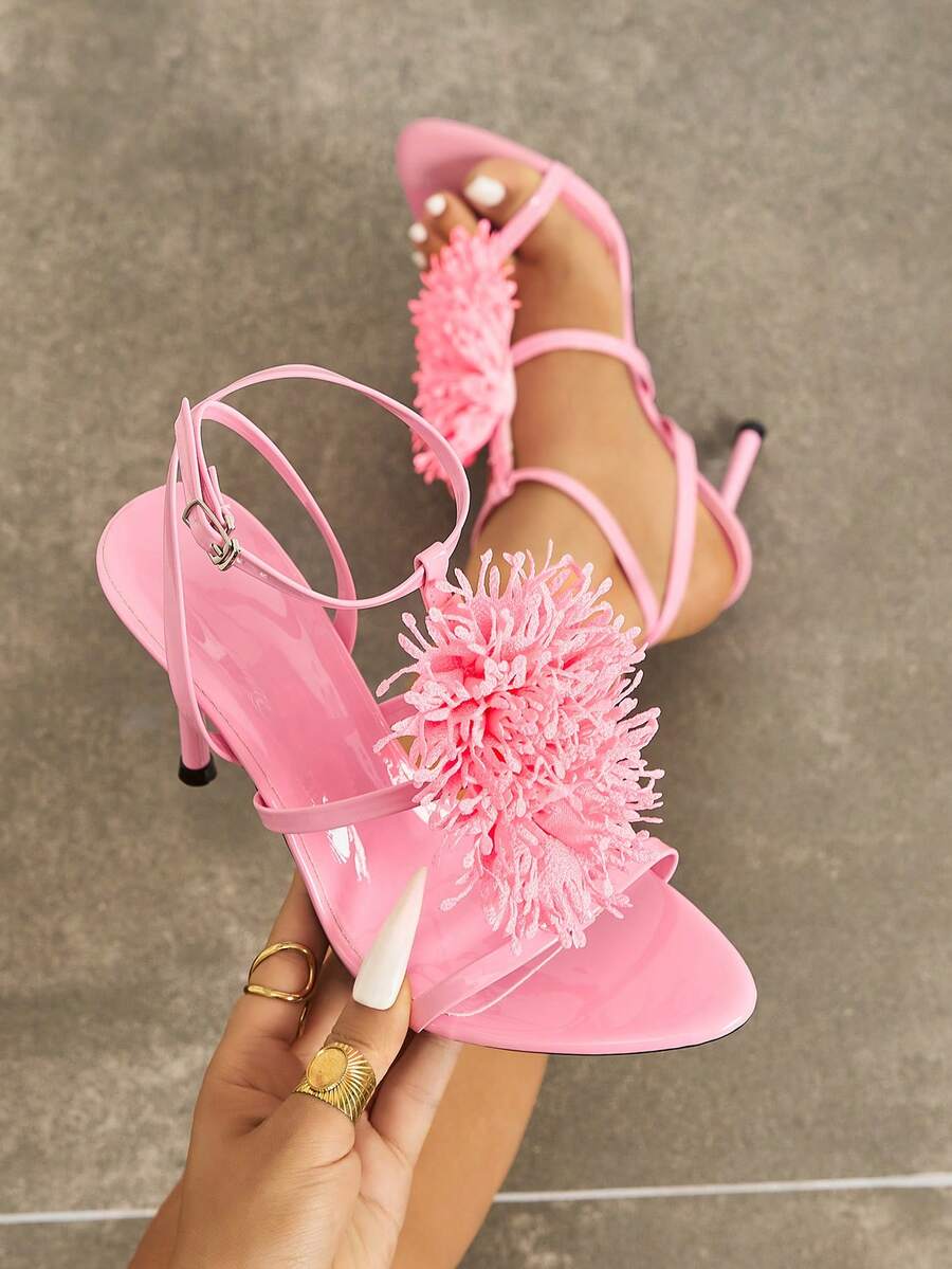 Sandales à talons hauts pour femmes, printemps été, soirée, fête, rassemblement, extérieur, mode haut de gamme, banquet, finition miroir, talon aiguille, bout pointu, fausse fourrure corail, décoration fleur 3D, glamour, sexy, cuir PU, anneau rond, fine bride, boucle, tissu miroir doux, élégant, ludique, mignon, rose, chaussures pour femmes, sandales élégantes, talons hauts décontractés