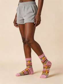5 Pairs Women's Glass Fiber Mid-Calf Socks, Vintage 3D Fluffy Flocked Printed Pattern Design, Creative Fashion Personality High-Value Women's Socks, Spring/Summer Ultra-Thin Breathable Comfortable Moisture-Wicking Sweat-Absorbing Socks, Sports Casual Streetwear Preppy Elegant Women's Long Socks, Suitable For Daily Versatile Use, Holiday Gifts, Party - Multicolor - View 6