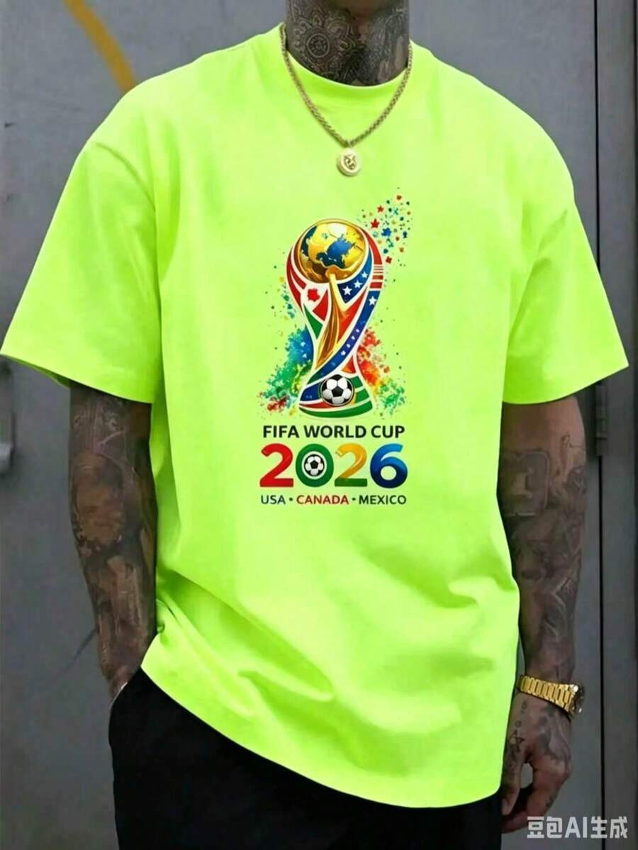 [Official FIFA World Cup Licensed]World Cup T-Shirt, Unisex, 2026 Football Jersey, USA, Canada, Mexico Styles, Fan Gift, Fan Apparel, Single Piece - 螢光綠 - 查看 1
