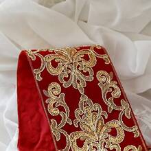 1 Yard Red & Gold Embroidered Lace Velvet Trim, Palace Style Woven Ribbon, Hanfu Cheongsam Decorative Accessory, Wedding Decoration Border - Red Gold - View 8