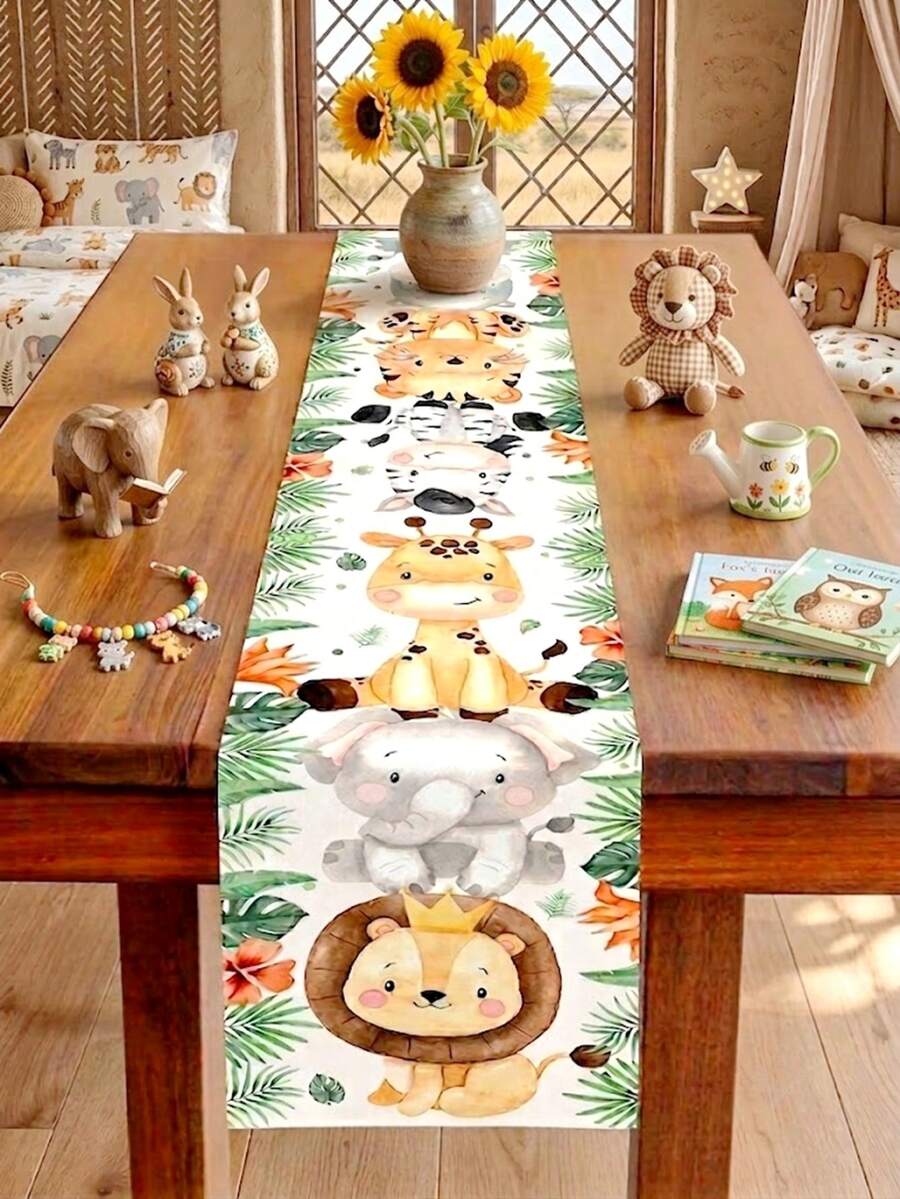 1件叢林動物桌旗 180x35cm 獅子老虎圖案桌布,適合男孩野生動物主題生日派對裝飾、嬰兒洗禮派對用品 - 彩色 - 查看 1