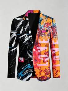 1 buah Blazer Pria Asimetris Colorblock dengan Motif Huruf LOVE dan Percikan Grafiti - Jeruk - View 8