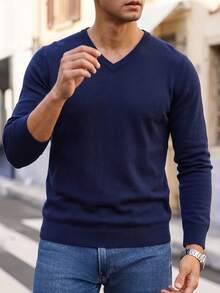 Men's V-Neck Knit Long Sleeve T-Shirt Top, Casual Thin Base Layer Sweater For Autumn/Winter - Navy Blue - View 4