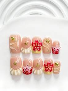 10pcs Island Vacation Style Handmade Press-On Nails, Poly Gel Nail Art Set, Flower, Starfish, Shell Design, Yellow & Red Color Scheme, Fresh Style, Includes Nail Tools, 3 Sizes Available, Square, Short Square, Almond Shape, Suitable For Party, Dancing, Daily Wear - Multicolor - View 18