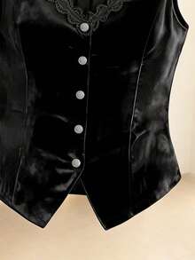 Women's Autumn/Winter Elegant Commute Holiday Inner/Outer Wear High-Quality Solid Color Lace Trim V-Neck Metal Four-Button Fitted Sleeveless Blazer - Black - View 8