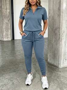 ChicMe Set sportivo da donna 2 pezzi, top a maniche corte con cerniera e pantaloni jogger a vita alta, abbigliamento casual da casa, con tasche, streetwear quotidiano - blu polveroso - Visualizzare 6