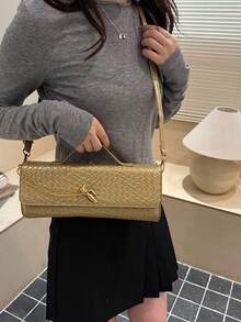 Women's Woven Evening Clutch, Rectangular Handbag With Top Handle And Detachable Crossbody Strap, Vintage Minimalist Shoulder Bag, Suitable For Parties And Daily Commute - Gold - View 4