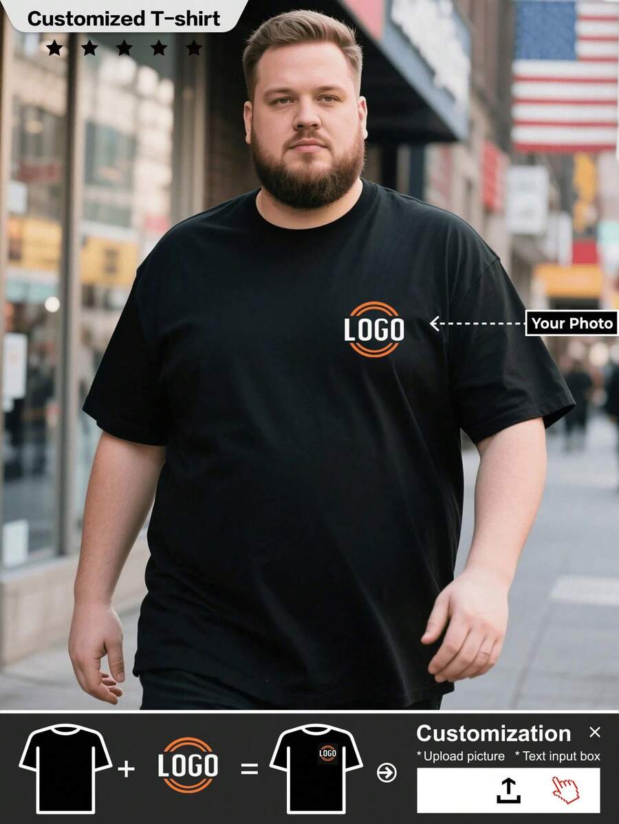 Plus Size Commemorative Gift & Men's Black Casual T-Shirt, Create Your Own Exclusive Printed T-Shirt. Sports Summer - Black - View 1