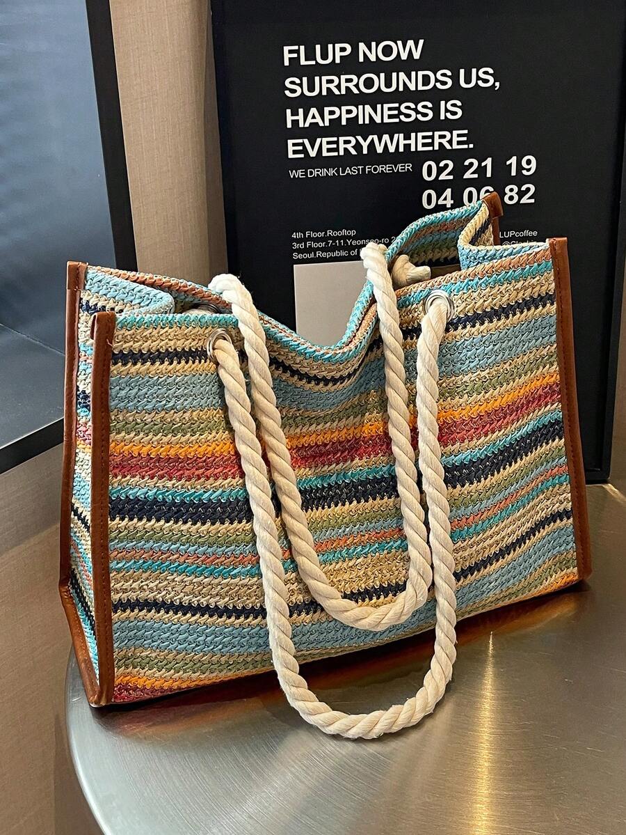 1 pieza Bolso de hombro tipo tote de paja tejida con diseño minimalista arcoíris, gran capacidad, adecuado para viajes, compras y vacaciones - Multicolor - Ver 1