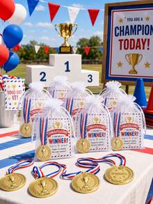 36/18/3pcs Gold Medal Set With Greeting Cards And Tulle Storage Bags, Competition Medals, Suitable For Party Games, Birthday Celebrations, School Sports Award Ceremonies, Party Favors, Office Team Building Activities And Halloween/Christmas Gifts - Multicolor - View 1
