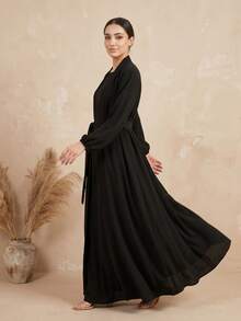 Hafizah Women's Solid Color Kimono-Style Abaya & Long Dress Set, No Hijab - Black - View 4