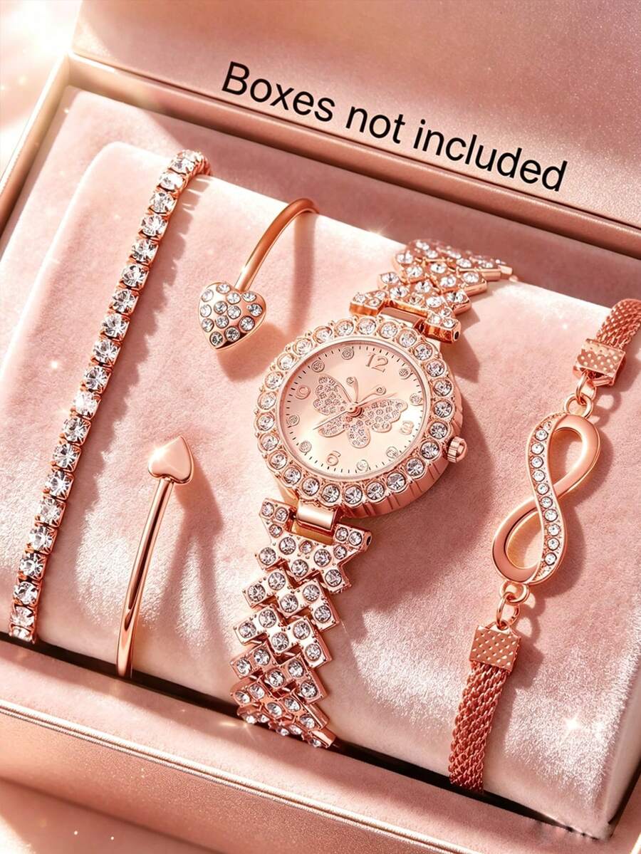 4件/1件可選女款奢華全水鑽玫瑰金石英手錶配件套組,設計展現奢華優雅,適合派對、晚宴、婚禮、約會、精緻穿搭、畢業禮物、生日禮物等多種場合,為女性打造豐富閃耀氛圍的完美禮物,可作為送給女友的高端貼心禮物,採用優質材質,展現高端質感與優雅品味,產品不含盒 - 玫瑰金 - 查看 1