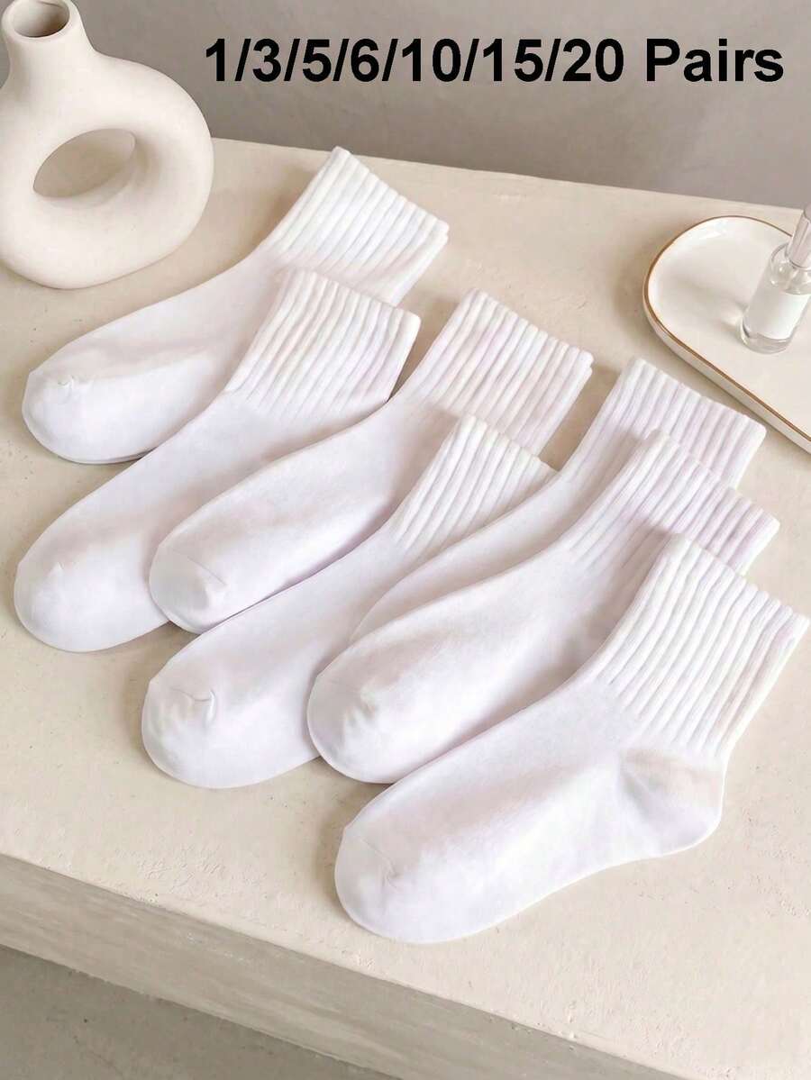 6双装女士纯色休闲中筒袜，情人节 - 白色 - 查看 1