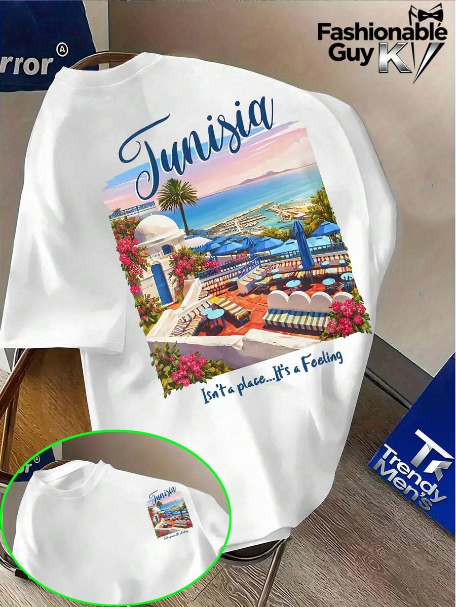 ChristmasTunisia, A Blue-And-White City In Tunisia, Offers American Retro Workwear With Short Sleeves, Double-Sided Prints, And Logos. - Weiss - View 1