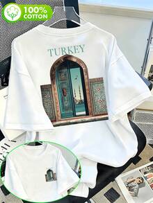 Top con estampado de letras TURKEY estilo resort mediterráneo navideño, tipografía serifa fresca en inglés combinada con ilustración de tallado. Artículo popular. - Negro - Ver 6