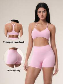 TimeOff 2pcs Women's Fitness Set, Halter V-Neck Y-Back Sports Bra + High Waist V-Stitch Shorts - Pink - View 11